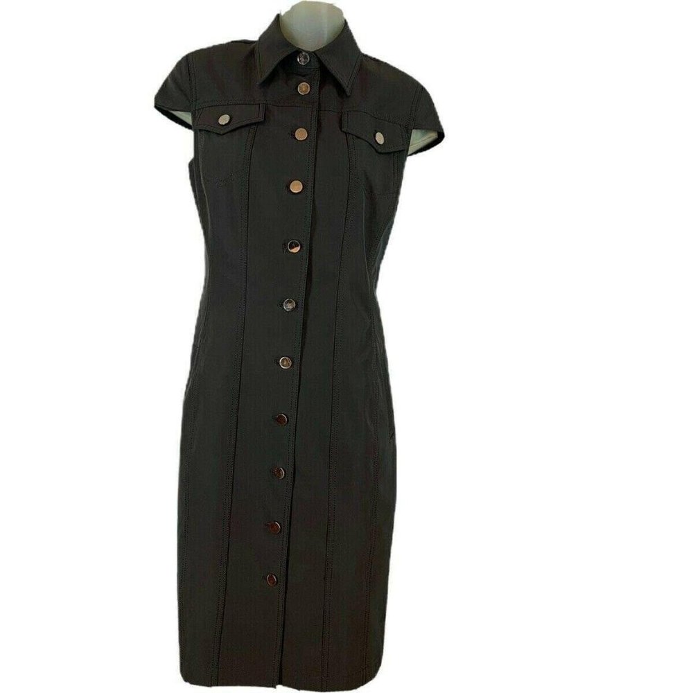 Per Se Black Button-Front Cap Sleeve Sheath Dress